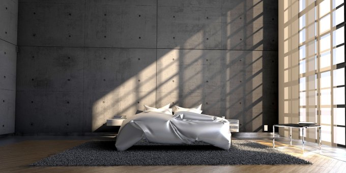 sypialnia z betonowymi płytkami